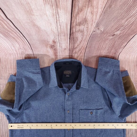Pendleton Mens Size Large Trail Shirt Blue Virgin Wool Button Up Elbow Patch - Picture 13 of 14